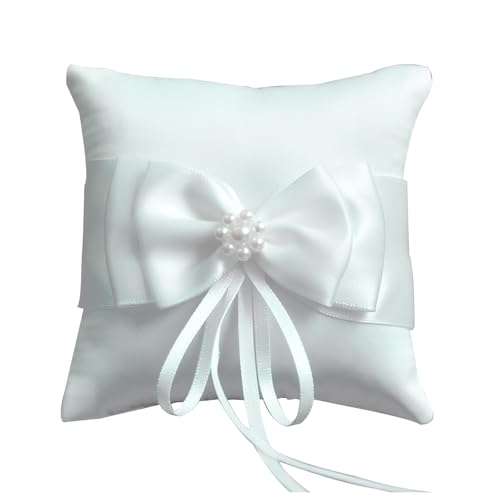 Amexo Almofada para anel de casamento branco laço suporte de alianças romântico suporte de almofada de anel com fita e pérolas artificiais para casamento proposta (20 x 20 cm)