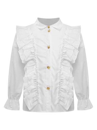 ACSUSS Girls Round Neck White Blouse Long Sleeve Button Down Shirts Tops for Kids Cute Ruffled School Uniform
