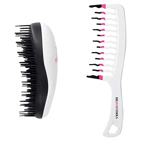 Big Hair Tools, XL Size Detangling Brush, White & XL Size Wavy Wide Tooth Comb, White Cover