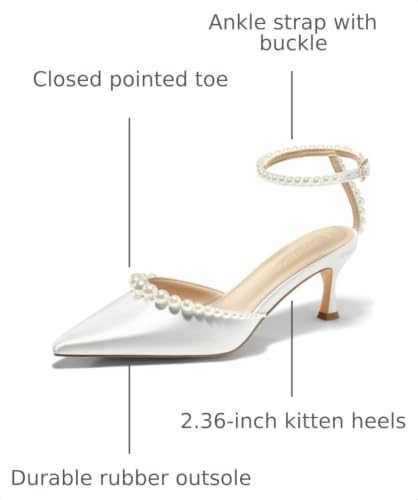 Image of Coutgo Womens Pearl Kitten Heels Closed Pointed Toe Wedding Bride Dress Shoes Ankle Strap Satin Pumps