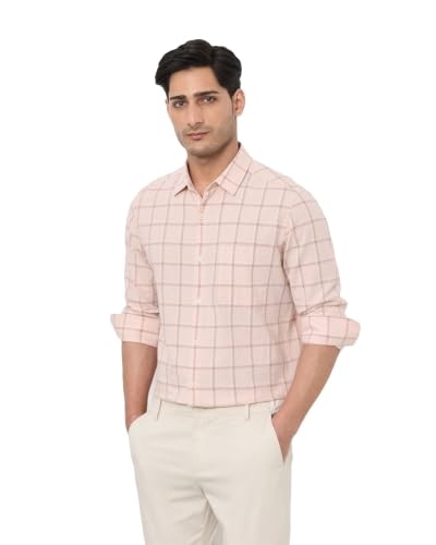 Image of MUFTI Men Smart Casual Shirt | Slim Fit Full Sleeve Spread Collar Windowpane Checks | Cotton Linen Blend Button Placket with Embroidery for Office Wear