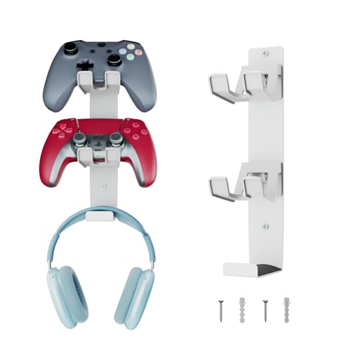 wigmoa GM-G Soporte de pared 3 en 1 para juegos, soporte de controlador dual y colgador de auriculares, estante de almacenamiento para gamepad compatible con PS5, Switch, organizador de pared para