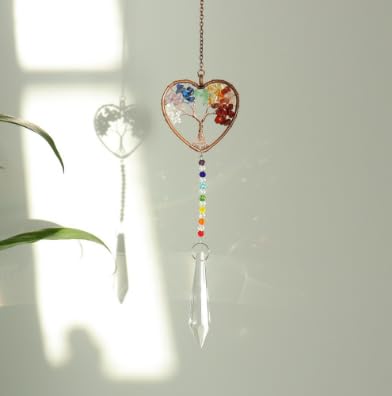 Merzio Tree of Life Crystal Sun Catcher for Windows, Hanging Suncatcher with 7 Chakra Stones, Colored light Maker Prism Pendant for Home Garden Decor, Spiritual Healing Gifts for Women