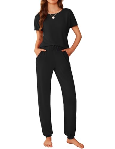 Image of Ekouaer Womens Pajama Sets Short Sleeve Lounge Sets for Women Printed Jogger Pajama Set 2 Piece Pj Sets With Pockets S-XXL