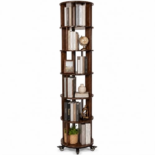 6 Tier Solid Wood Rotating Bookshelf Tower, 360° Spinning Bookshelf with Lockable Wheels for Small Spaces, Corner Tall Floor Standing Round Bookcase for Bedroom, Study, Living Room, Walnut