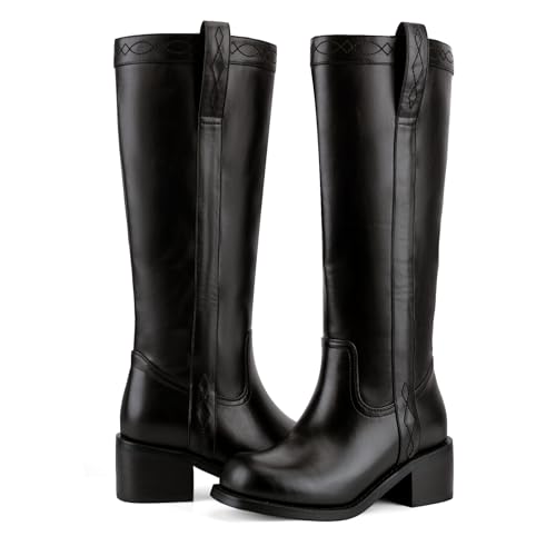 UBWDU Womens Knee High Boots Square Toe Platform Chunky Block Heel Banana Campus Boots Wide Calf Low Heel Riding Tall Booties Black 9 — view 4