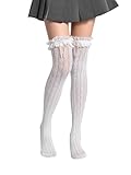 GORGLITTER Women's Lace Socks Knee High Fishnet Mesh Sexy Stockings With Faux Pearls White One Size