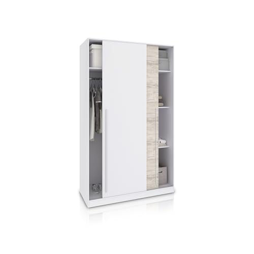 duehome | Armario 2 Puertas Correderas para Dormitorio o Habitación, Modelo Show, Acabado en Blanco Artik y Blanco Velho, Medidas: 120 cm (Largo) x 200 cm (Alto) x 50 cm (Fondo)