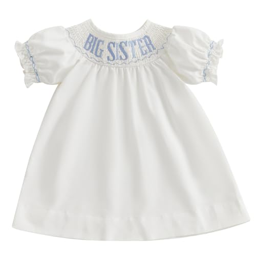 Big Sister Smocked Dress Toddler Little Girls Puff Short Sleeve Letters Embroidery Bishop Dress (Blue, 1-2 Years)