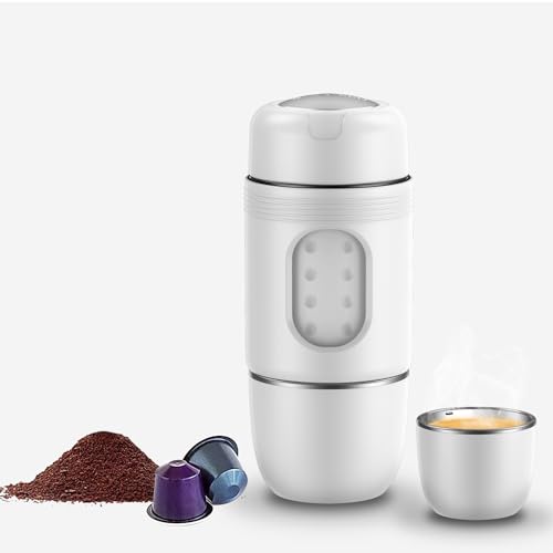 STARESSO Mini cafetera de espresso portátil con caja de transporte, cafetera portátil manual, compatible con cápsulas de espresso y café molido, adecuada para viajes al aire libre, camping (blanco)