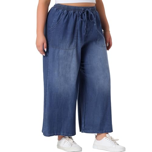 Agnes Orinda Plus Size Women's Wide Leg Jeans Chambray Elastic Waist Baggy Loose Fit Denim Pants with Pockets2
