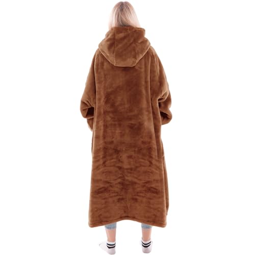 Image of Waitu Wearable Blanket Sweatshirt Gifts for Women and Men, Warm and Cozy Giant Blanket Hoodie, Thick Flannel Blanket with Sleeves and Giant Pocket - Camel