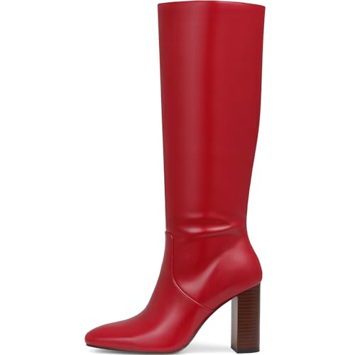Knee High Boots for Women, Chunky Heel Faux Leather Boots Women's Comfortable Square Toe Shoes Long Tall Wide CalfBoots Dress/Casual Boot with Side Zipper3