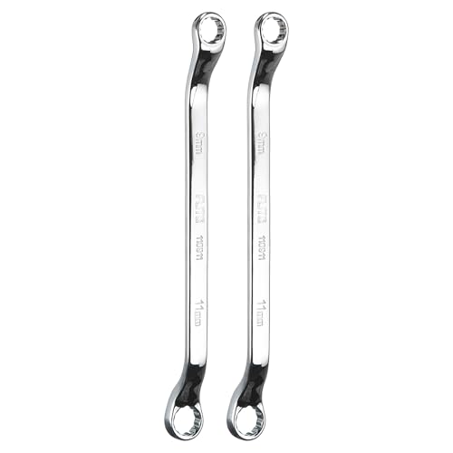 QUARKZMAN 2 Pcs Llaves de Caja de 45 Grados de Desfase 9mm x 11mm Métricas 12 Puntos Cromo Espejo Plateado Acero Cr-V Llaves de Caja Dobles Largas de Grado Industrial