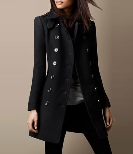 chouyatou Women's Winter Double Breasted Wool Coat Elegant Collared Wool Blend Trench Pea Coat2