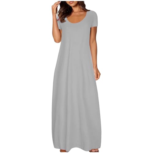 Generic - Robe longue décontractée et tendance à col rond et manches courtes - Robe trapèze simple et ample pour l'été, la plage, les vacances - Couleurs unies, a-gris, 3XL