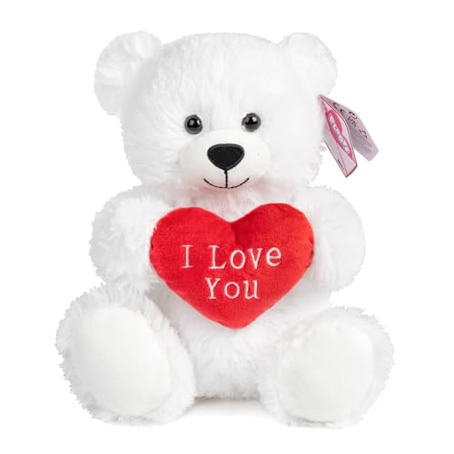 abeec I Love You Heart Teddy Bear 25cm Plush Gift – Soft White Cuddly Toy with Red Heart Message for Girlfriend Partner Kids Valentine’s Day Present CE Certified