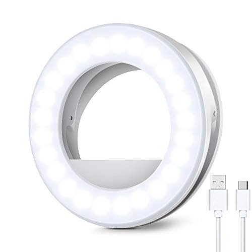 Kimwood - Anillo de luz con clip, recargable, 60 LED, para teléfono, portátil, tableta (3 modelos, 5 niveles de brillo) (blanco)