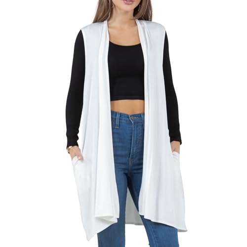 Image of Azules Sleeveless Long Cardigan for Women with Pockets - Lightweight Open Front, Flowy Dressy Layer for Work or Casual Wear