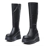 CELNEPHO Women's Platform Boots - Black Mid Calf Wedge...