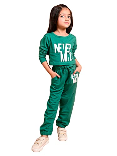 Image of LILPICKS Girls Never Mind Printed Crop Top with Jogger Set (Green)