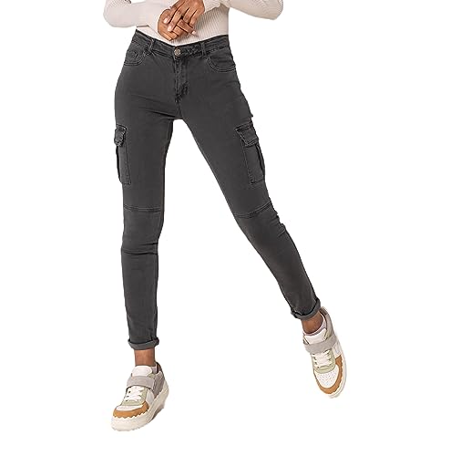 Nina Carter S353 Damen Cargohosen Skinny Fit Jeanshosen Cargo Jeans Stretchjeans Cargojeans Used Look, Grau (S352-3), M
