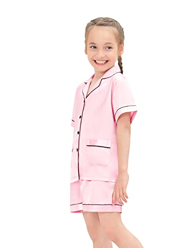 Swomog Satin Kid Pajamas For Girls Silk Pjs Set With 2 Pockets Boys Sleepwear Button-Up Lounge Sets Short Sleeve Nightwear Pink #TOP4