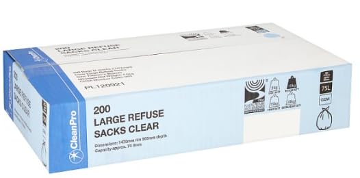 CleanPro - Sacchi per rifiuti grandi, trasparenti, capacità 75 l, 1470 x 905 mm, confezione da 200