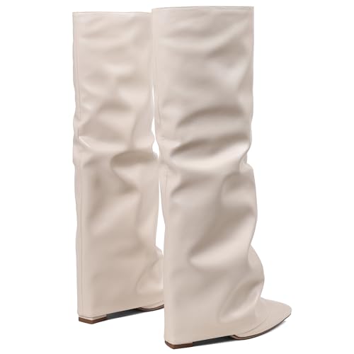 Image of SaraIris Women's Slouchy Knee High Boots - Black, Pointed Toe, Fold Over, Chunky, Shark Boots