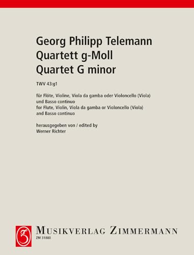 Quatuor en sol mineur: TWV 43:g1. flute, violin, viola da gamba (cello/viola) and basso continuo. Partition et parties.