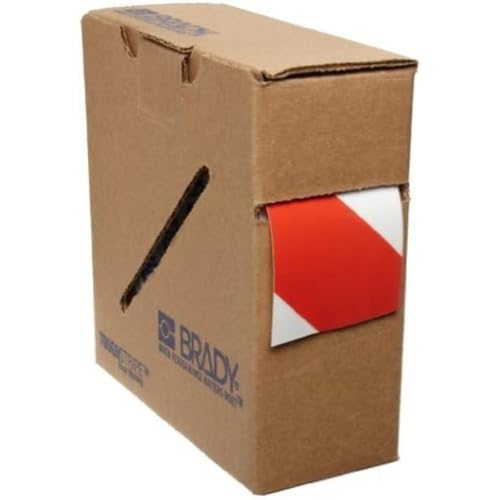 Image of Brady - 104318 ToughStripe Nonabrasive Diagonal Stripes Floor Marking Tape, 100' Length, 2 inch Width, Red on White (Pack of 1 Roll)