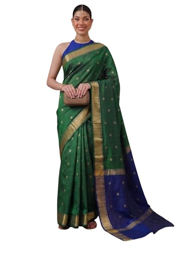 Image of Flosive inchRoyal Tradition Green Banarasi Jacquard Cotton Saree with Golden Zari Border inch