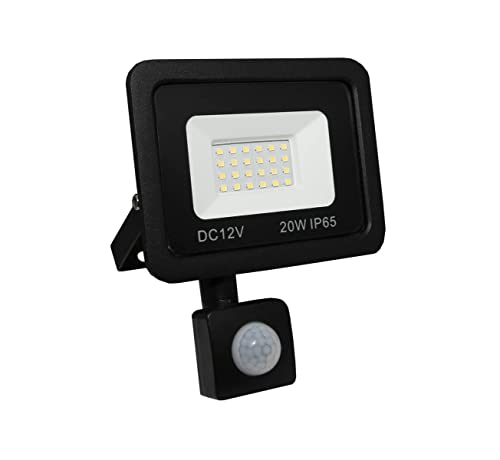 LOWENERGIE 12V DC LED Floodlight, IP65 Outdoor Security Light with PIR Motion Sensor, 10W-50W Garden Solar Flood Lamp, Black (6000K - Day White, 20w PIR)