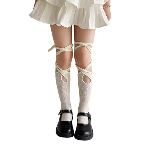 Laceup KneeHigh Socks for Girl Hollowed Midcalf Socks Kids Spring Stretchy Mesh Socks for Little Girl Uniform Socks