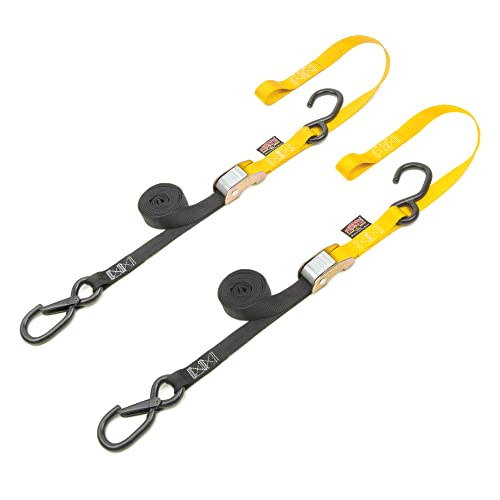 Powertye 1In X 6Ft Cam Buckle Soft-Tye Tie-Downs W/ 1 Latch Hook & S-Hook - 400 Lb. Wll / 1,200 Lb. Breaking Strength - Made In Usa - Black/Yellow (Pair) #TOP13