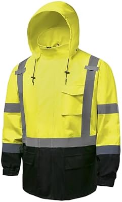 Hi Vis Rain Jacket for Men – Reflective Waterproof Class 3 Safety Coat with Removable Hood & Black B...