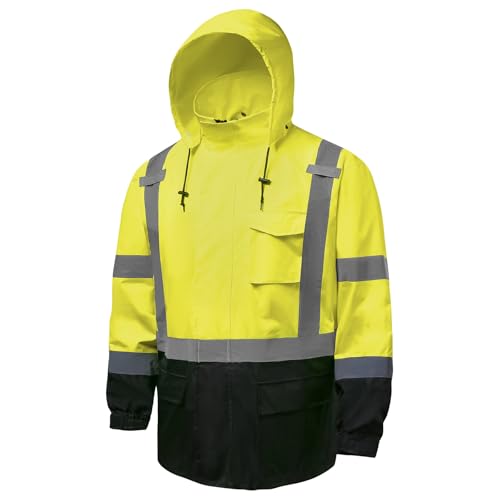 Hi Vis Rain Jacket for Men – Reflective Waterproof Class 3 Safety Coat with Removable Hood & Black Bottom