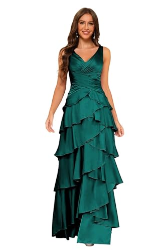 YOFF V Neck Bridesmaid Dresses with Cape Long Tiered Satin Formal Evening Prom Dress YO163