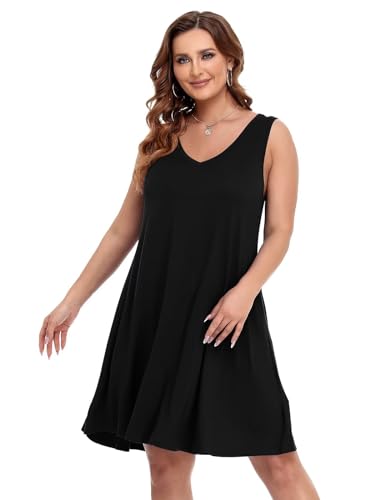Image of BELAROI Women Casual Summer Dresses Plus Size Sundress V Neck Swing Tank Dress Sleeveless Criss-Cross Beach Cover Ups Pockets