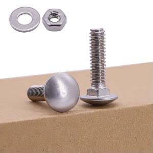 (6 Sets) 3/8"-16 X 4 Carriage Bolt With Hex Nuts And Flat Washers Sae, Round Head Square Neck Bolts, 304 Stainless Steel 18-8, Full Thread Unc #TOP2