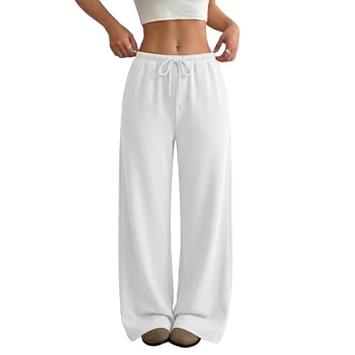 Wide Leg Sweatpants for Women High Waisted Baggy Sweat Track Pants Drawstring Casual Lounge Pants with Pockets White XX-Large