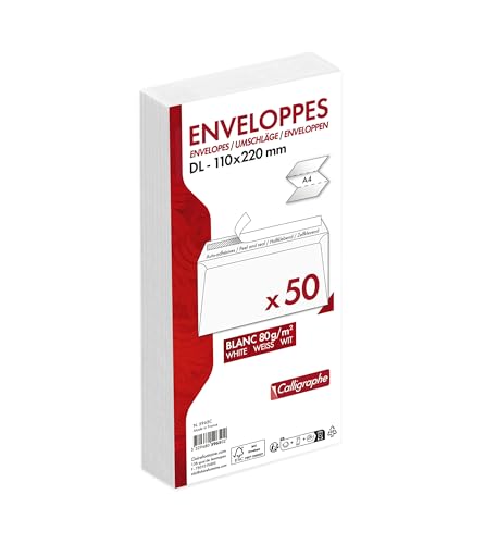Caligrafía (serie Clairefontaine) 5965C   Paquete de 50 sobres blancos DL 110x220mm   Autoadhesivos   80 g/m²