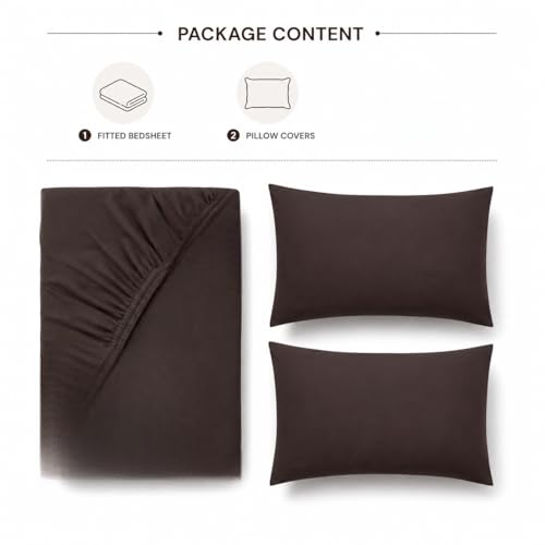Image of Blue Strip Fitted Bedsheet with 2 Pillow Covers, Dark Brown, Polycotton, King Size 72x78 Inch, 8 Inch Deep Pocket, Fits Double, Queen & King Beds