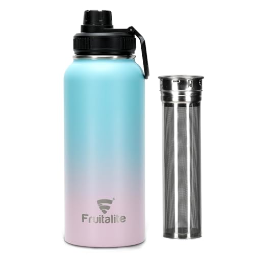 Image of Fruitalite Thermosteel Fruit Infuser Water Bottle- 1000ml with Screw /Spout Lid, Steel Infusion Rod, Infused Detox Recipe eBook, Double-Wall Vacuum Insulated Stainless Steel Bottle- Bubble Gum