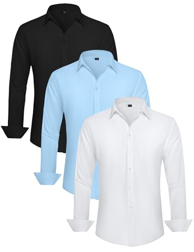 1/3 Pack Men's Dress Shirts Wrinkle Free Long Sleeve Collared Formal Shirt Solid Office Casual Button Down Shirts