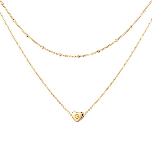 Glimmerst Layered Heart Initial Necklace for Women 18K Gold Plated Stainless Steel Beaded Chain Choker Necklace Personalized Tiny Letter Name Necklace