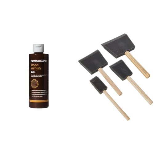 Extra Tough Interior Wood Varnish (250ml, Satin) - Quick Drying, Water-Based Wood Varnish & Rustins Poly Foam Brushes - Professional Grade Paint Applicators for Smooth Finishes