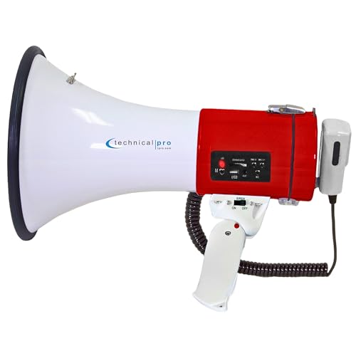 Technical Pro Portable Lightweight 75-Watt Megaphone Bullhorn w Siren, Detachable Microphone & Strap - Professional Outdoor Voice for Police & Cheer Leading