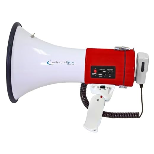 Technical Pro Megafone vermelho 50-Watt Siren Bullhorn - Alto-falante Bullhorn com microfone destacável, alça portátil leve destacável PA - voz profissional ao ar livre para polícia e líder de torcida