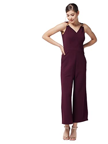 Image of Miss Chase Women's Wine V-Neck Sleeveless Solid Wrap Regular Jumpsuit